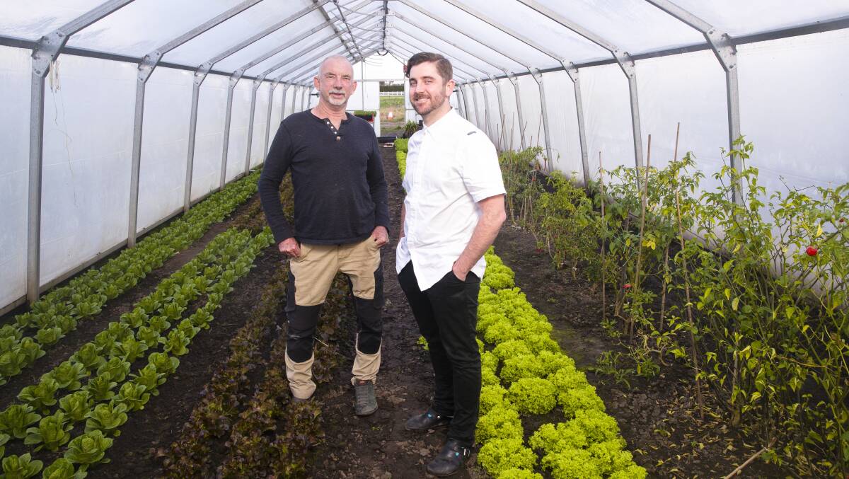 GROWING:Executive chef Mark Glenn and head gardener Peter Anderson of Pialligo Estate, ACT. Picture: Keegan Carroll
