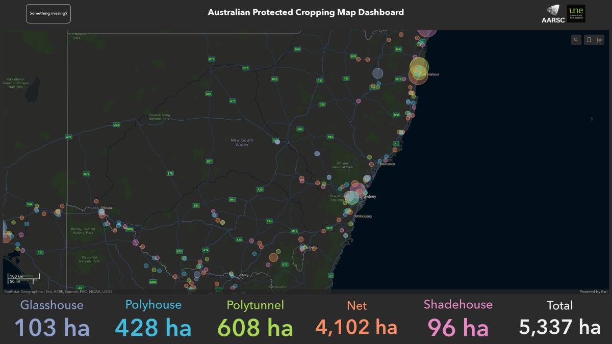 The interactive dashboard allows users to explore the location and area of around 14,000 hectares of glasshouses, commercial nets, polytunnels and shadehouses. Photo: Australian Protected Cropping Map Dashboard, UNE. 