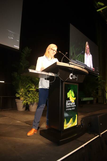 ABGC chief executive officer Leanne Erakovic addresses the Australian Banana Industry Congress in Cairns earlier this week. Picture by Lea Coghlan