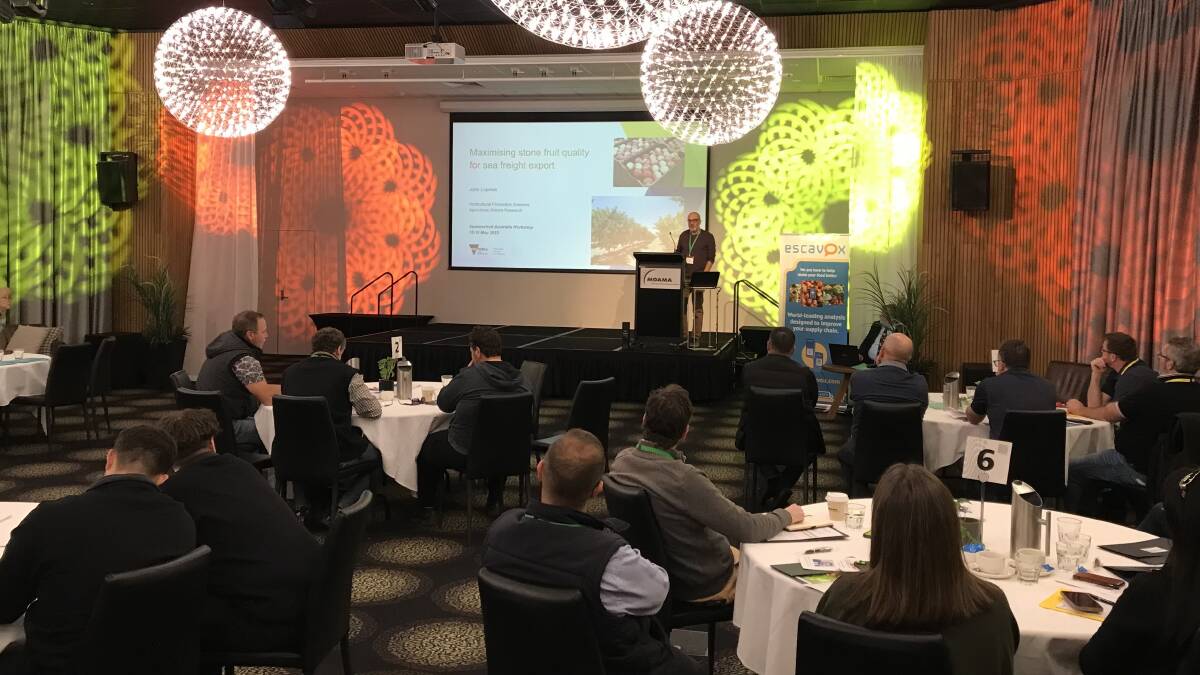 John Lopresti from Agriculture Victoria presenting on stonefruit quality at the Summerfruit industry workshop in Moama, NSW. Picture by Mark Hincksman