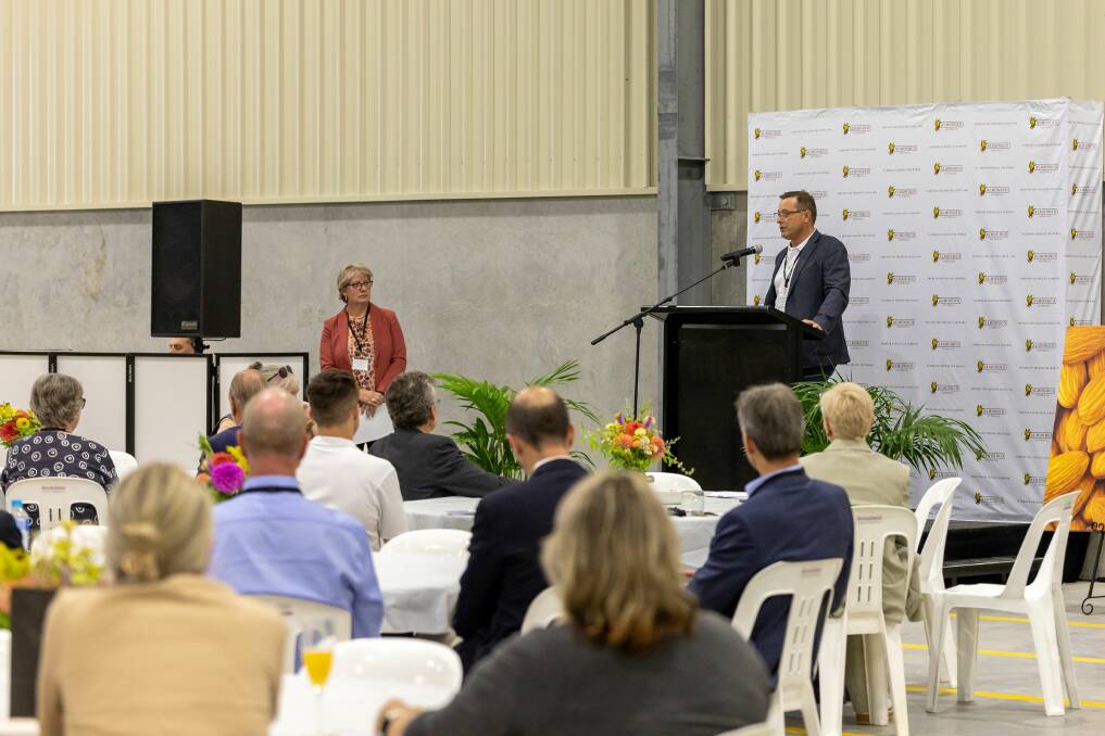 Almondco managing director Brenton Woolston addressing the guests with Food South Australia CEO Catherine Sayer. Picture supplied