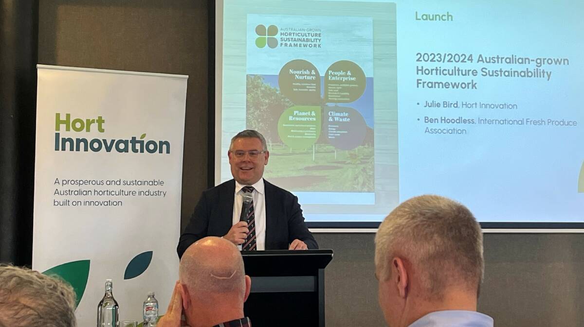 Federal agriculture minister, Murray Watt, launching the 2023/24 Australian-grown Horticulture Sustainability Framework last November. Picture supplied