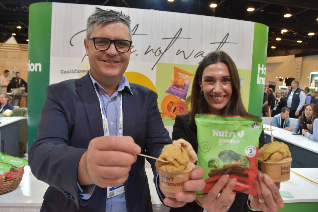 Hort Innovation CEO Brett Fifield with NutriV CEO Raquel Said, testing out the pumpkin and gingerbread ice cream at Hort Connections 2023 in Adelaide. Picture by Ashley Walmsley