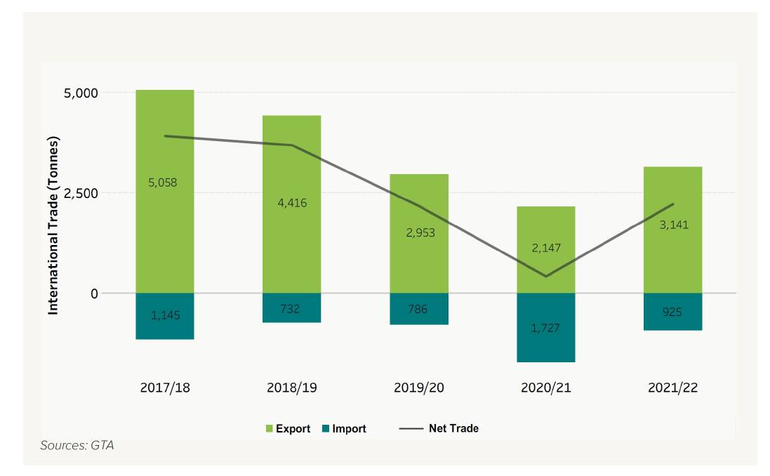 This graph from the Australian Horticulture Statistics Handbook 2021/22 charts the exports and imports over the past five financial years, where imports are counted as negative tonnes. Picture supplied