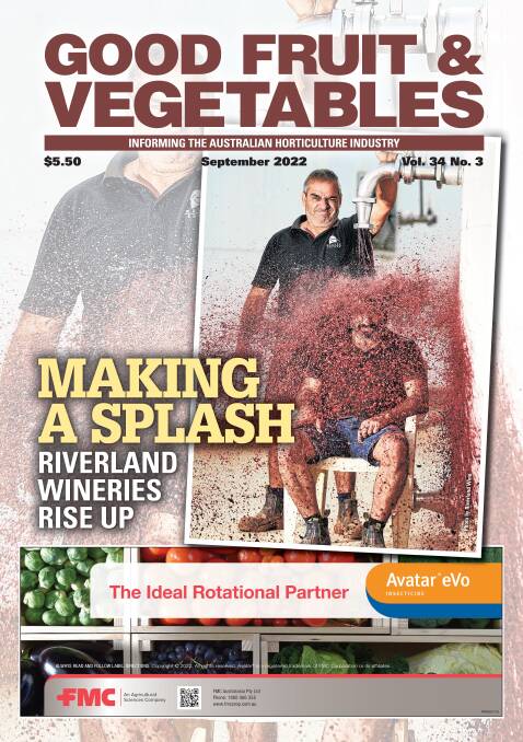 The September 2022 edition of GFV features Mallee Estate's Arthur Markeas dumping wine on brother Jim as part of a promotional campaign for the Riverland wine region. The magazine is out now. Picture supplied