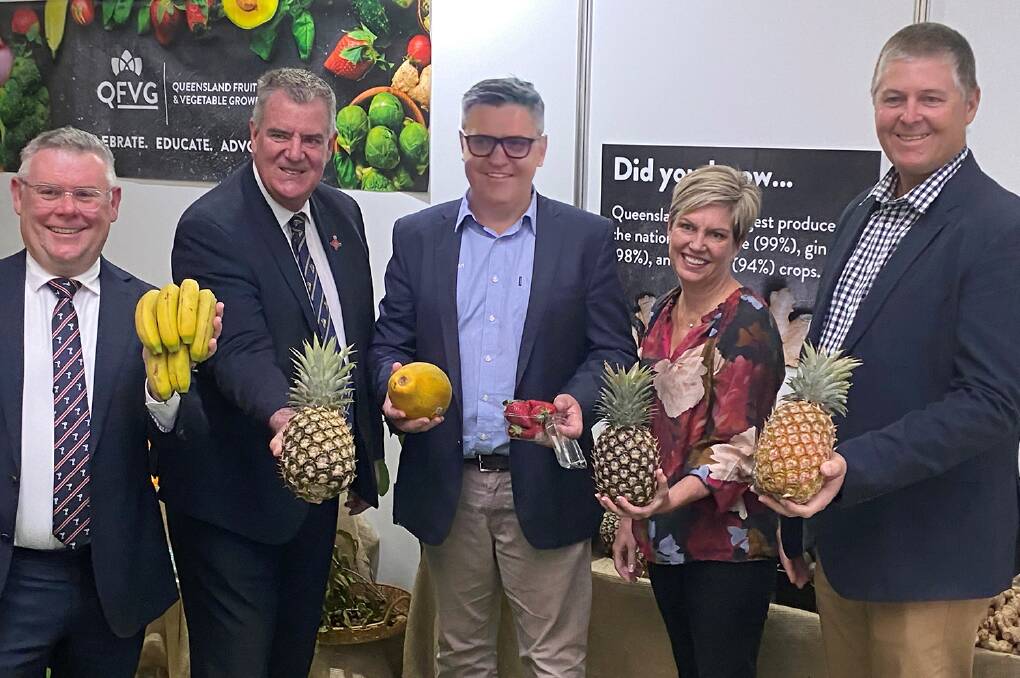Federal agriculture minister Murray Watt, Queensland agriculture minister Mark Furner, Hort innovation CEO Brett Fifield, Hort Innovation chair Julie Bird and Gavin Scurr from Pinata Farms at the launch of the FASTA program at the Royal Qld Show. Picture supplied