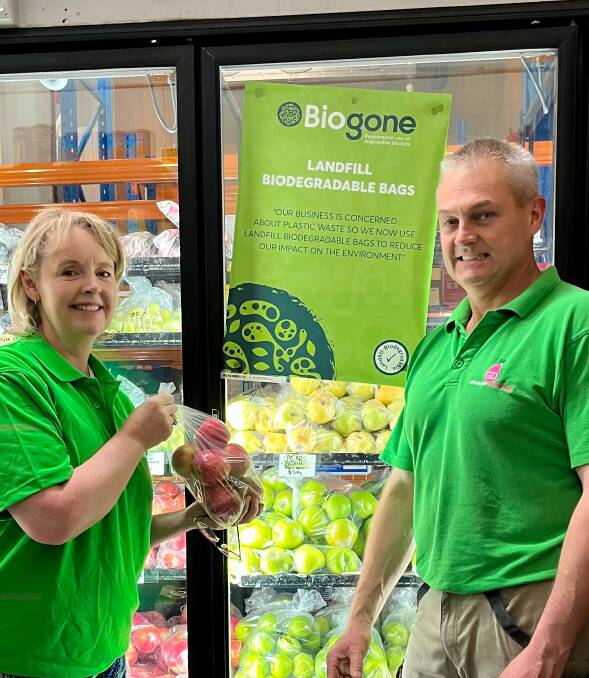 GD Wholesale co-owners Trudy and Ben Nankervis have replaced their traditional plastic bags used for presenting fruit and vegetables with a biodegradable product. Picture supplied