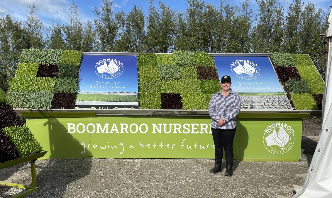Boomaroo Nurseries' Victorian territory manager Stephanie Scacco in front of the impressive varietal display. 