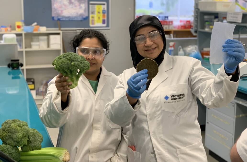 Victoria University researchers Ghowsalya Mahendrarajah and Ghofran al-Nasiri with sustainable packaging products made from vegetable waste. Picture supplied