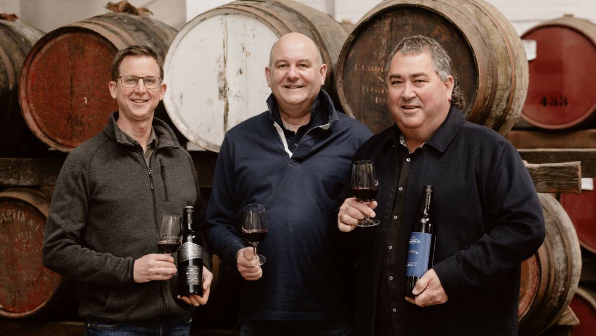 Bleasdale at Langhorne Creek winemaker Matt Laube, head winemaker Paul Hotker and brand ambassador Robbie Potts. Picture supplied