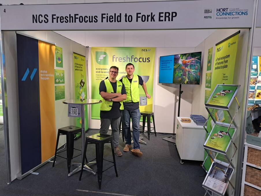 NCS Australia senior account executive Gideon Naude and dynamic solutions architect Francois Viljoen at the FreshFocus stand at Hort Connections in Adelaide. Picture supplied